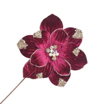 POINSETTIA STEM VELVET 20"X10" BLACK CHERRY W/GLITTER