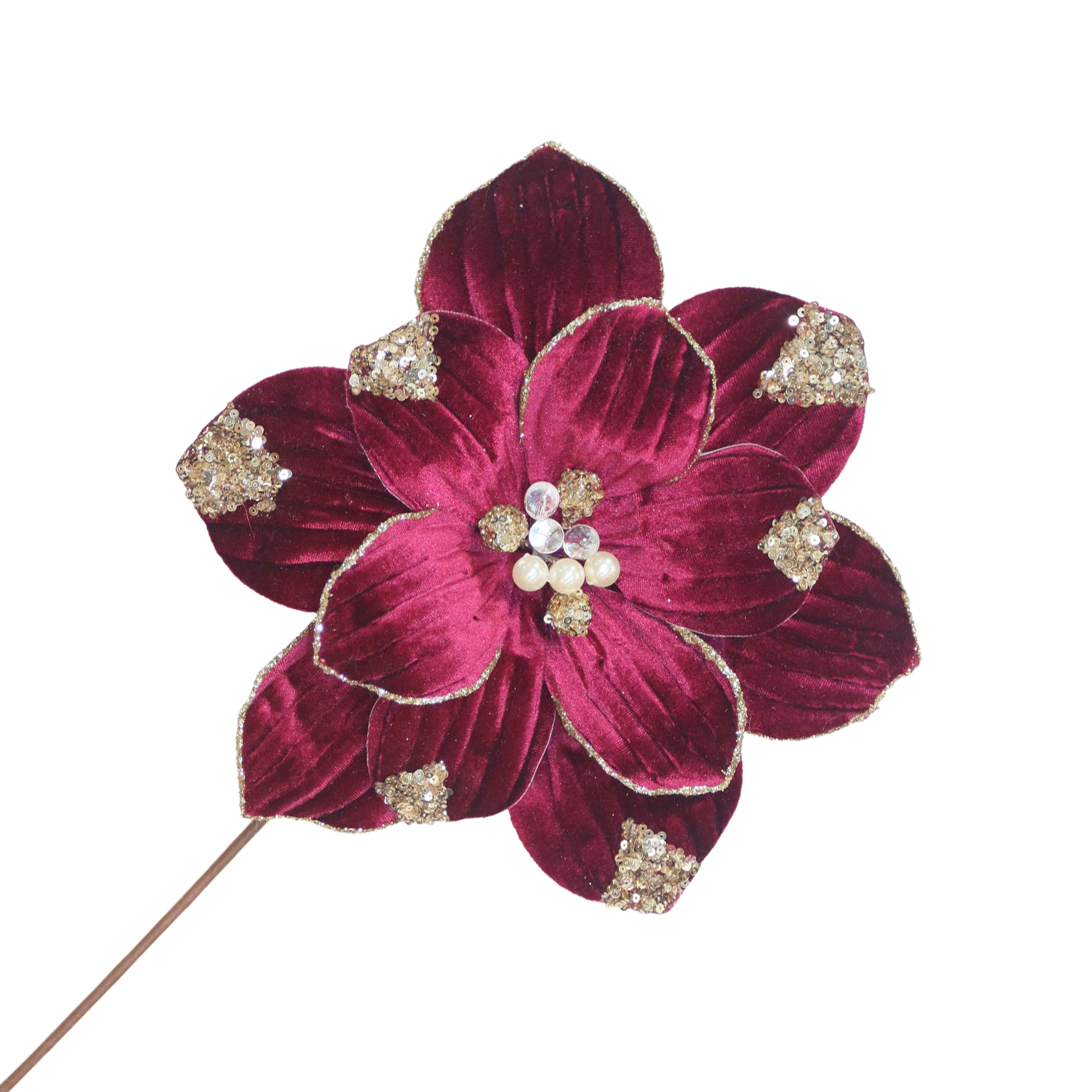 POINSETTIA STEM VELVET 20"X10" BLACK CHERRY W/ GLITTER