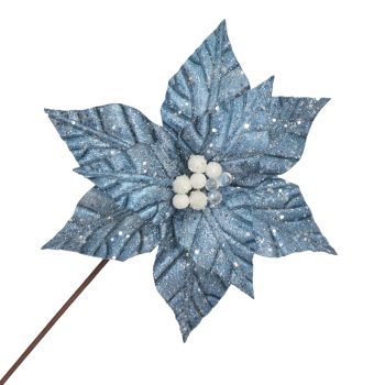 POINSETTIA STEM VELVET 20"X11" JEANS BLUE W/GLITTER