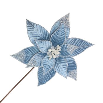 POINSETTIA STEM VELVET 20"X11" JEANS BLUE W/GLITTER EDGE AND TIPS