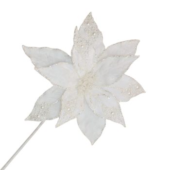 POINSETTIA STEM VELVET 20"X11" WHITE W/BEAD AND GLITTER