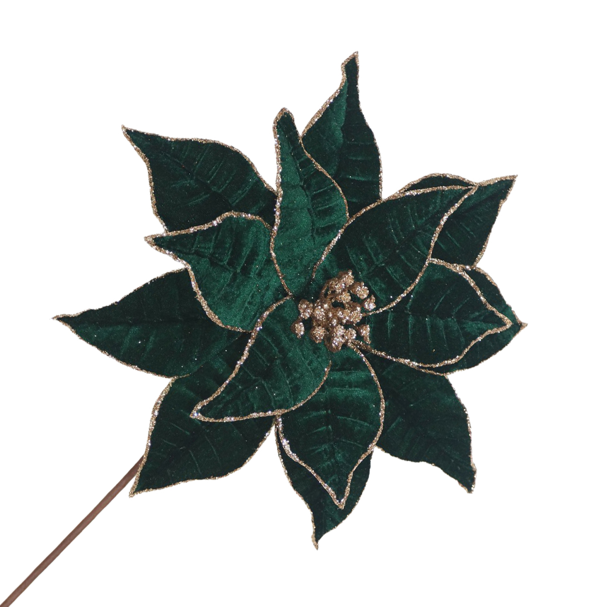 POINSETTIA STEM VELVET 20"X12" EMERALD W/GLITTER EDGE
