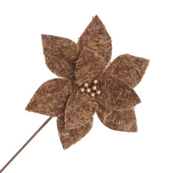 POINSETTIA STEM WOOL 20"X11" DARK BROWN W/PEARL CENTER
