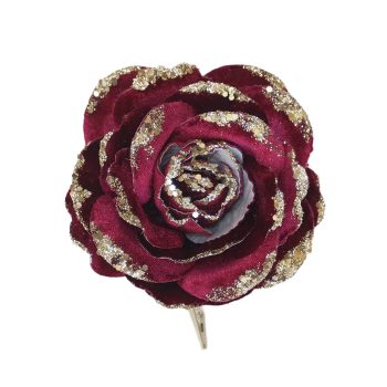 ROSE HEAD VELVET W/CLIP 5"X4" BLACK CHERRY W/GLITTER