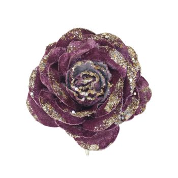 ROSE HEAD VELVET W/CLIP 5"X4" PLUM W/GLITTER