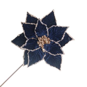POINSETTIA STEM VELVET 20"X12" MIDNIGHT BLUE W/ICE GLITTER EDGE