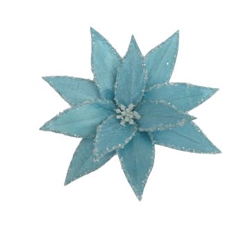 POINSETTIA HEAD VELVET FABRIC GLITTER 8.5" BLUE