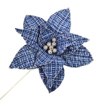 POINSETTIA STEM FABRIC 20"X11" PLAID DARK BLUE JEANS