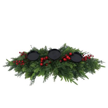 CANDLE HOLDER REAL-TOUCH MIXED PINE 32"X3 W/RED BERRIES