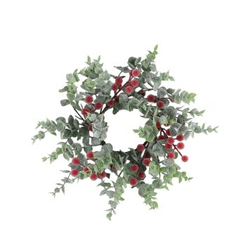 CANDLE RING FROSTED EUCALYPTUS 4.5" W/ICED RED BERRIES