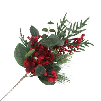 SPRAY HYDRANGEA MIXED GREENS 30" W/RED BERRIES AND EUCALYPTUS