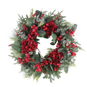 WREATH HYDRANGEA/MIXED GREEN 26" W/RED BERRIES AND EUCALYPTUS