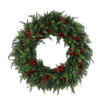 WREATH REAL-TOUCH MIXED PINE 34" W/RED BERRIES
