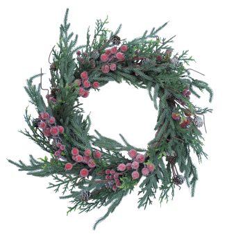 WREATH PINE NEEDLE 22.5" GREEN W/FROSTED RED BERRIES