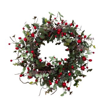 WREATH MINI LEAVES W/RED BERRIES 22" GREEN/RED