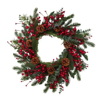 WREATH PINE W/RED BERRIES/PINE CONES 22" GREEN/RED/BROWN