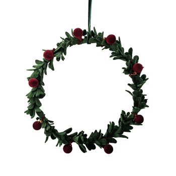 LEAF WREATH FLOCKED 7" GREEN W/RED BERRIES