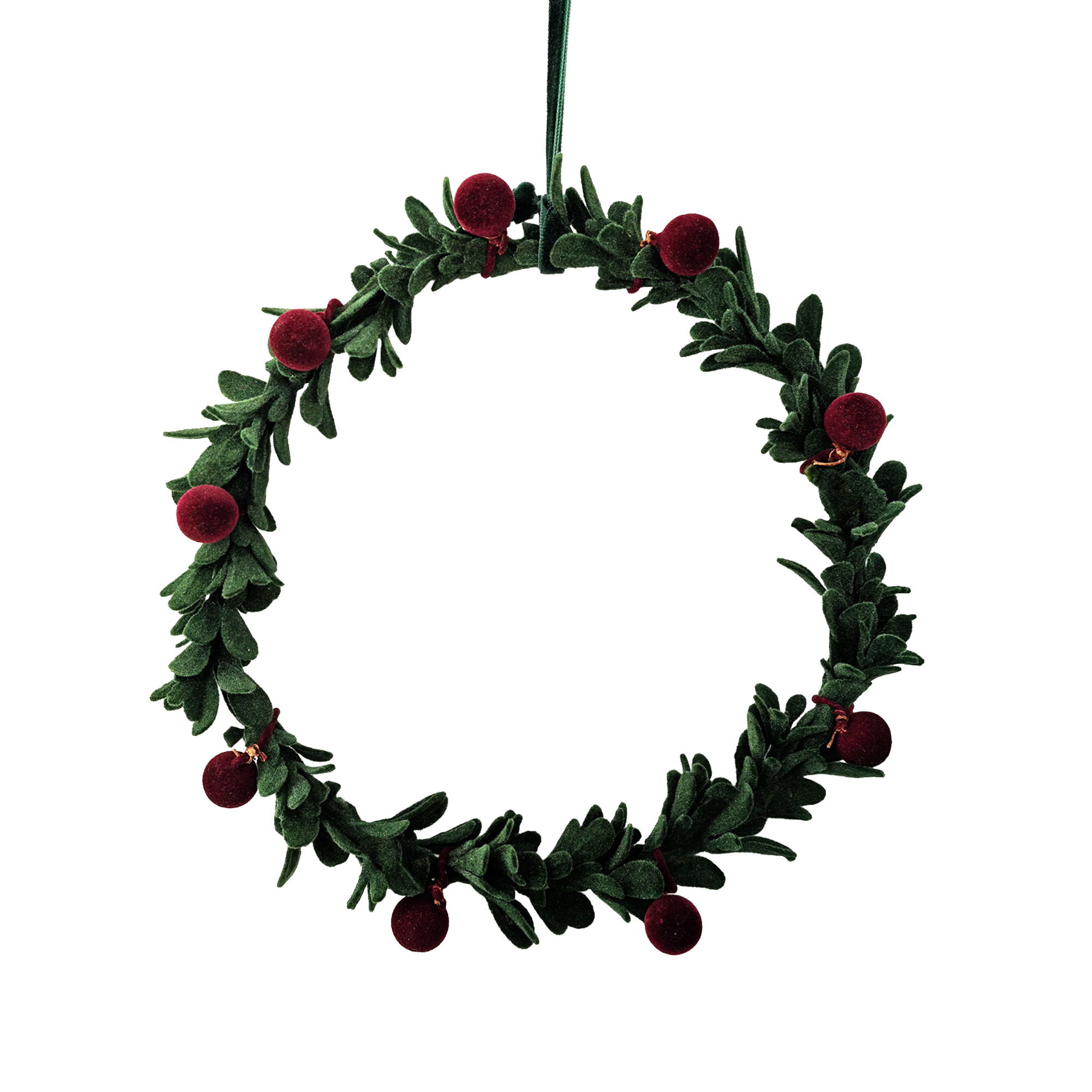 LEAF WREATH FLOCKED 7" GREEN W/RED BERRIES