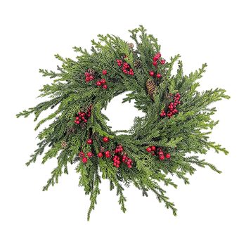 WREATH SPRUCE 25" GREEN W/RED BERRIES PE REAL TOUCH
