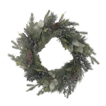 WREATH 24" MIXED GREEN W/ICED BLUE BERRIES/PINE CONES