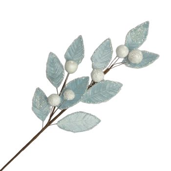 SPRAY LEAF W/BERRY BALL GLITTER 30" BLUE