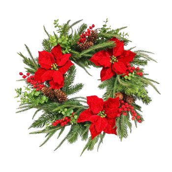 WREATH POINSETTIA/PINE/EUCALYPTUS 24" RED W/RED BERRIES