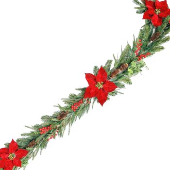 GARLAND POINSETTIA/PINE/EUCALYPTUS 60" RED W/RED BERRIES