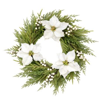 WREATH POINSETTIA/PINE 24" CREAM W/WHITE BERRIES