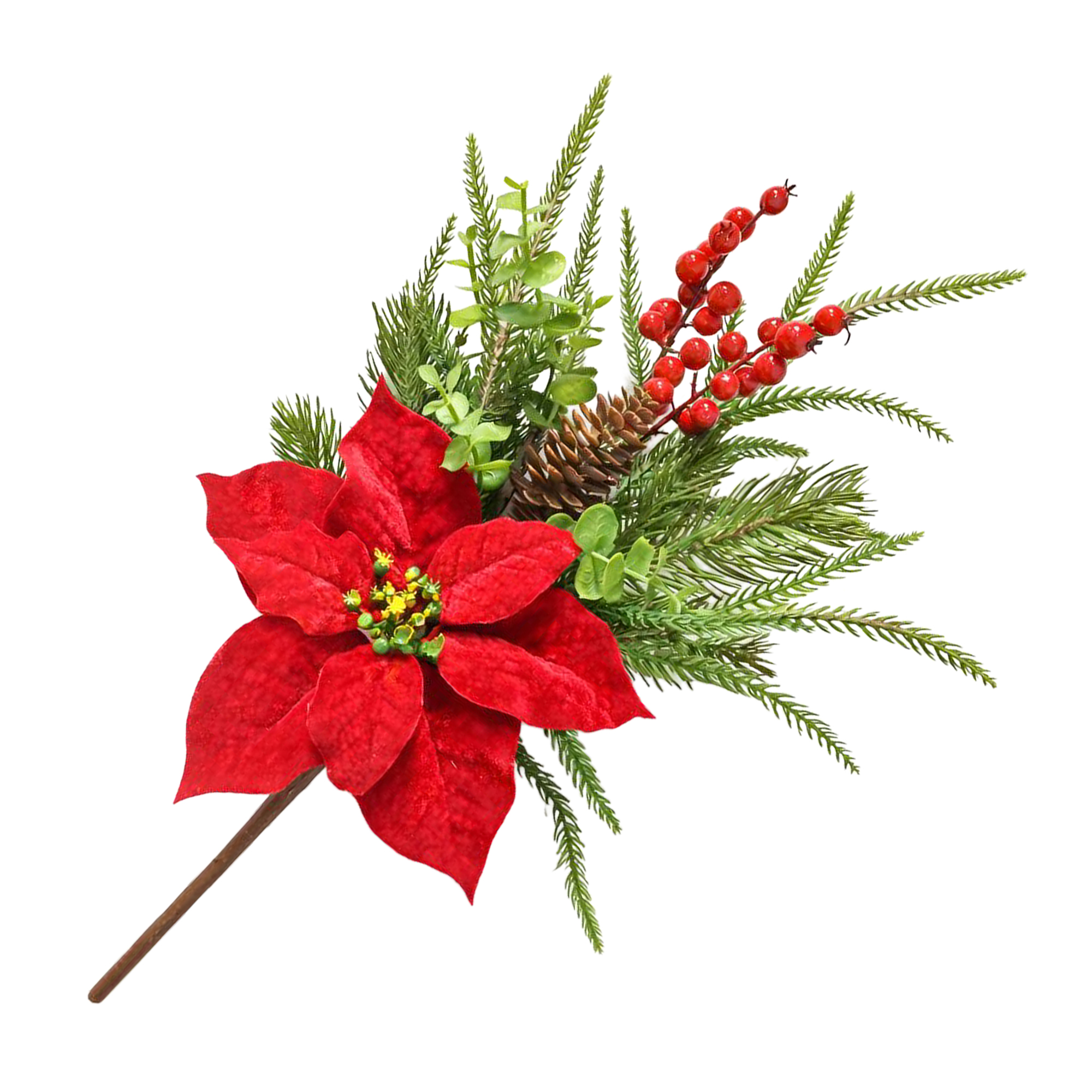 SPRAY POINSETTIA/PINE/EUCALYPTUS 18" RED W/RED BERRIES