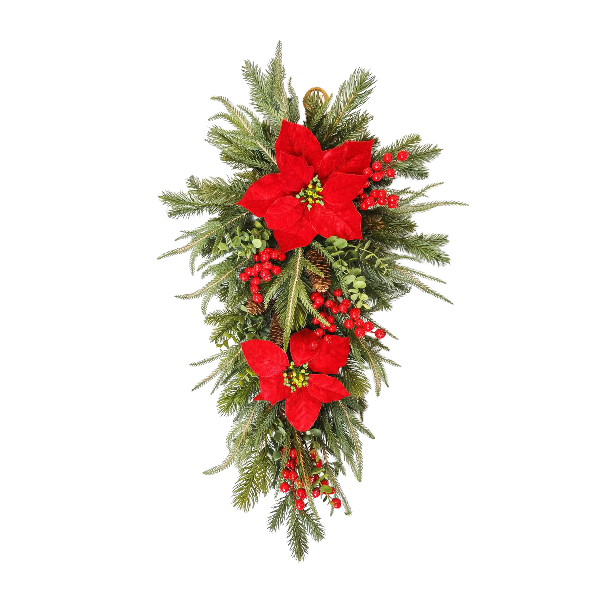 SPRAY POINSETTIA/PINE/EUCALYPTUS 30" RED W/RED BERRIES
