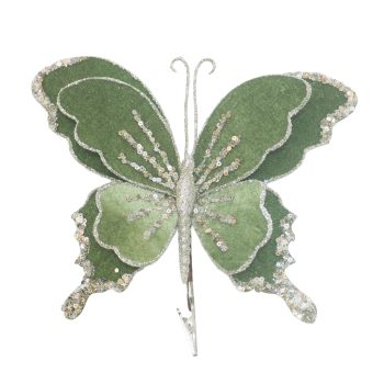 BUTTERFLY VELVET 9"X8" SAGE W/CLIP AND GLITTER