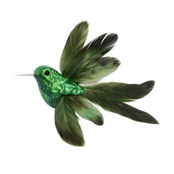 HUMMINGBIRD 5" GREEN FEATHER W/GLITTER