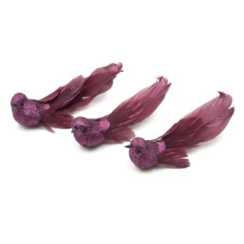 BIRD 4.5" MAUVE FABRIC/FEATHER W/GLITTER 3 STYLES