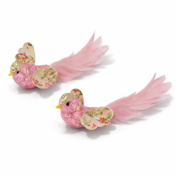 BIRD 5.5" PINK FABRIC/FEATHERW/GLITTER/GOLD 2 STYLES