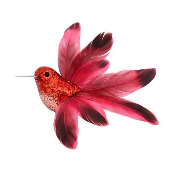 HUMMINGBIRD 5" RED FEATHER W/GLITTER