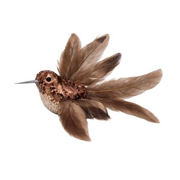 HUMMINGBIRD 5" COFFEE FEATHER W/GLITTER