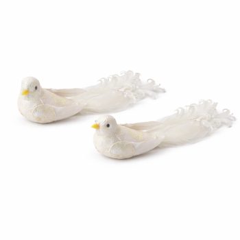 BIRD 8" CREAM FABRIC/FEATHER W/GLITTER 2 STYLES