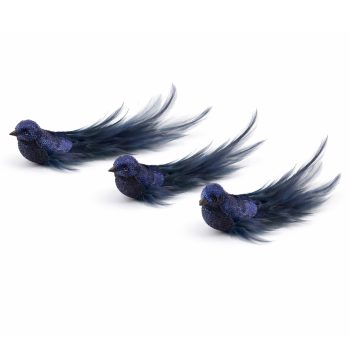 BIRD 8" DARK BLUE FABRIC/FEATHER W/SEQUINS 3 STYLES