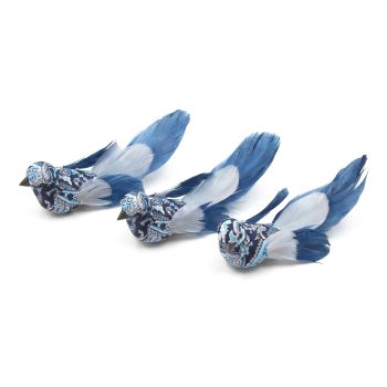 BIRD 5" LT BLUE FABRIC/FEATHER W/GLITTER/GOLD 2 STYLES