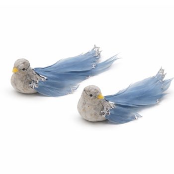 BIRD 5.5" GREY FABRIC/FEATHER W/GLITTER/BEAD 2 STYLES