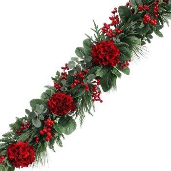 GARLAND HYDRANGEA MIXED GREEN 5' W/RED BERRIES AND EUCALYPTUS