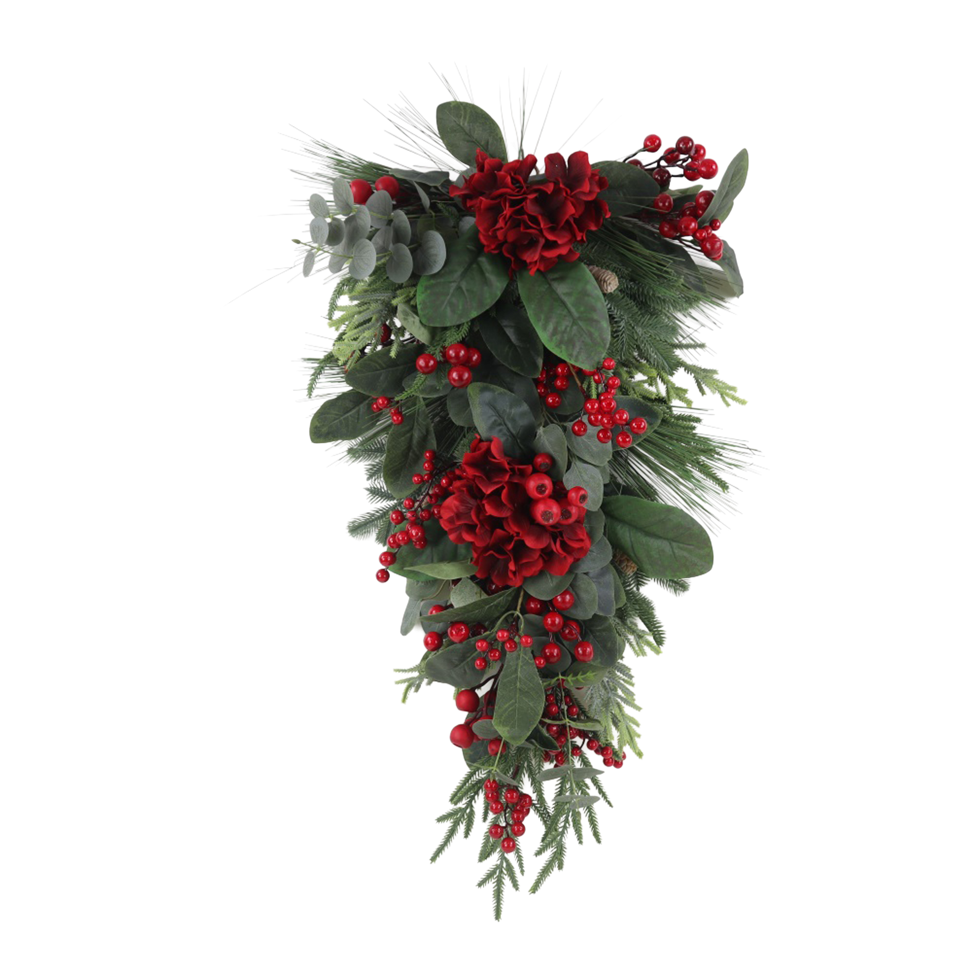 TEARDROP HYDRANGEA MIXED GREENS 28" W/RED BERRIES AND EUCALYPTUS