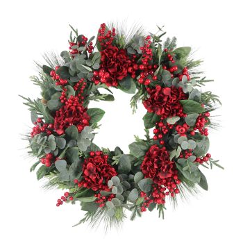 WREATH HYDRANGIA/MIXED GREENS 30" W/RED BERRIES & EUCALYPTUS