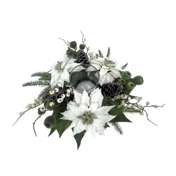 CANDLE HOLDER DESIGNER 16"X3"  WHITE POINSETTIA/ BERRY