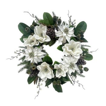 WREATH DESIGNER MAGNOLIA/POINSETTIA/BERRY 28" WHITE/GREEN