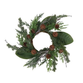 CANDLE RING CEDAR/MAGNOLIA LEAVES 4.5" W/BELLS & PINE CONES GREEN'/NATURAL