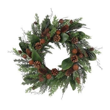 WREATH CEDAR/MAGNOLIA LEAVES 24" W/BELLS & PINE CONES GREEN/NATURAL