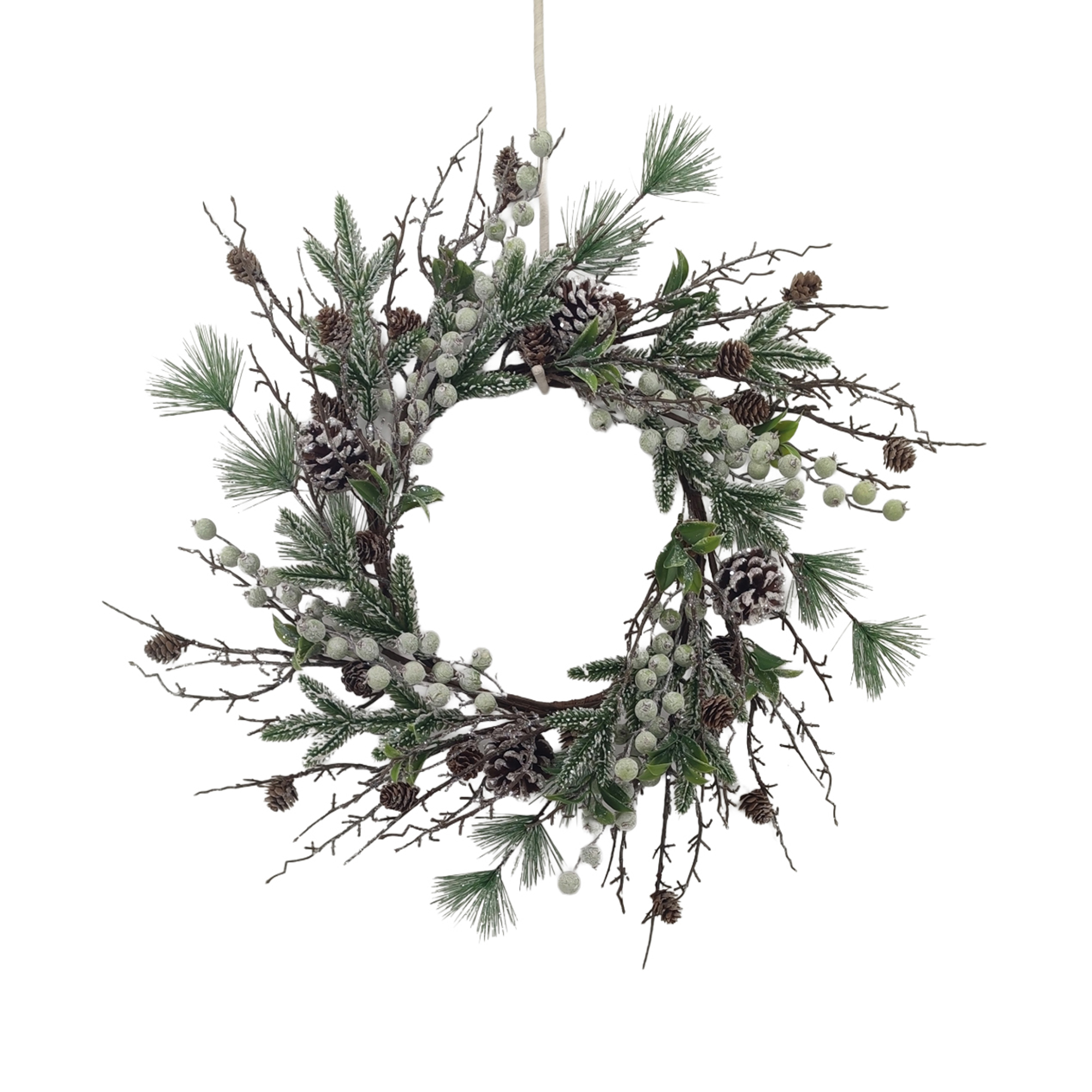 WREATH NEEDLE PINE FROSTED 24" GREEN W/ MINI PINE CONES, TWIGS & BERRIES