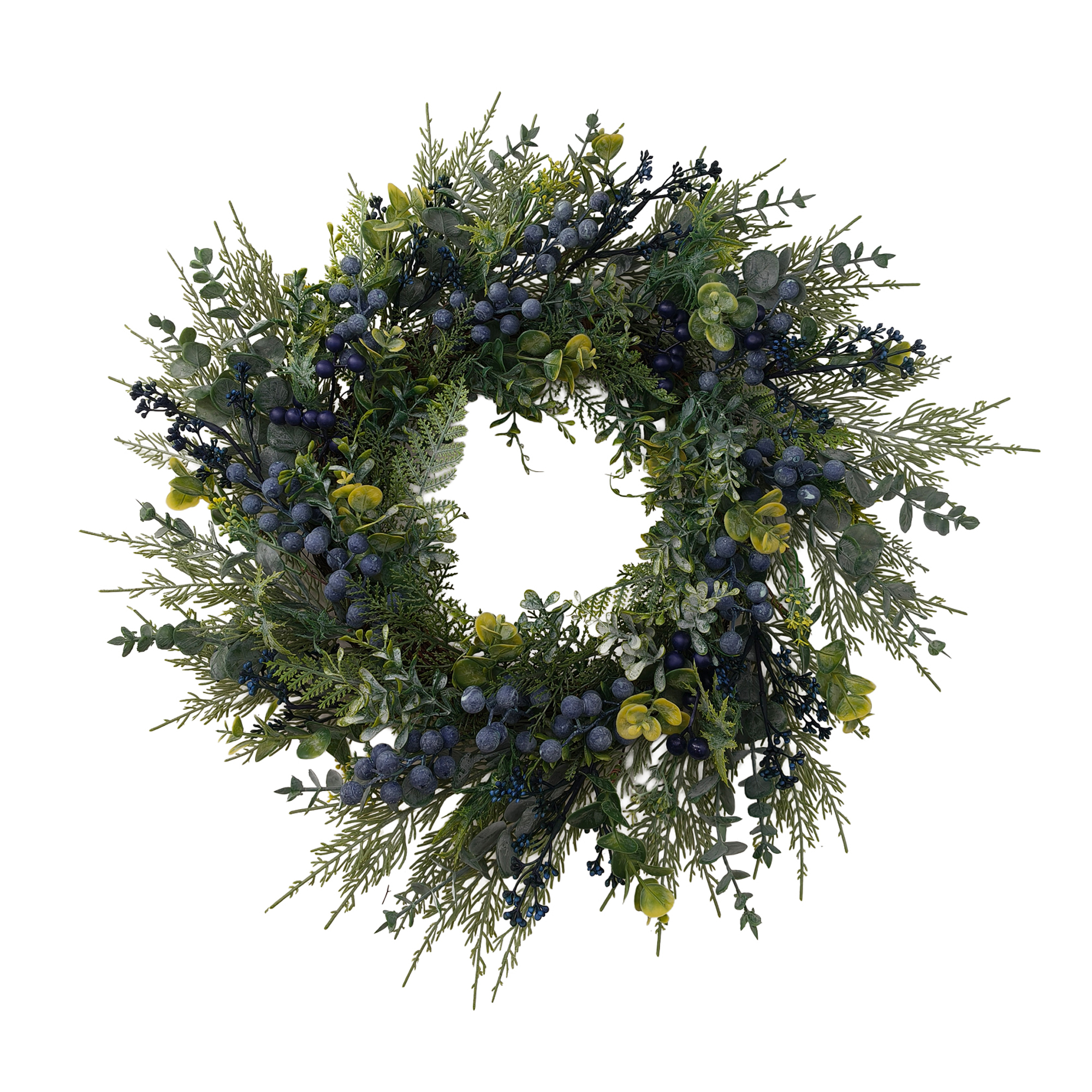 WREATH CEDAR/EUCALYPTUS 22" GREEN W/ BLUE BERRY