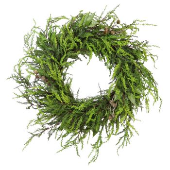WREATH REAL-TOUCH CYPRESS 32" GREEN TWO-TONE W/SALAL LEAVES & PINE CONES